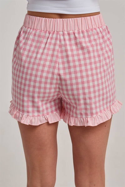 GINGHAM CHECK ELASTIC WAIST SHORTS WITH LACE DRASTRING: SWEET PINK / S-M-L(2-2-2) - Lulu Bella Boutique