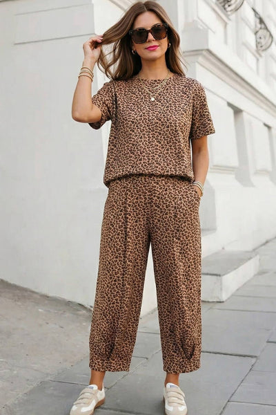 Leopard Top Drawstring Waist Barrel Pants Set |