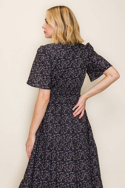 Ditsy Floral Flutter Sleeve Midi Dress: Navy / S - Lulu Bella Boutique