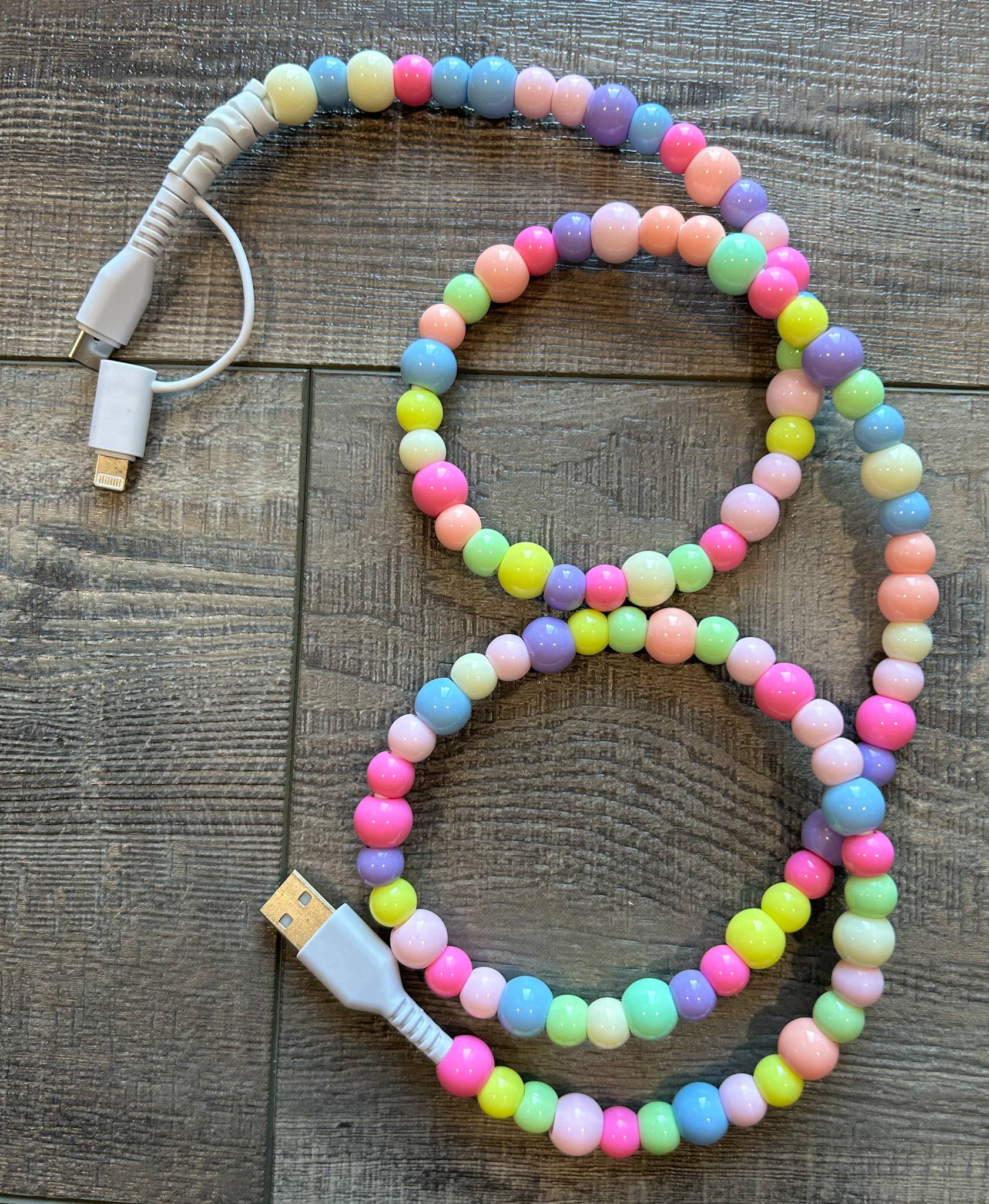 Beaded Phone Charger with Lightning & USB-C Cable: Rainbow