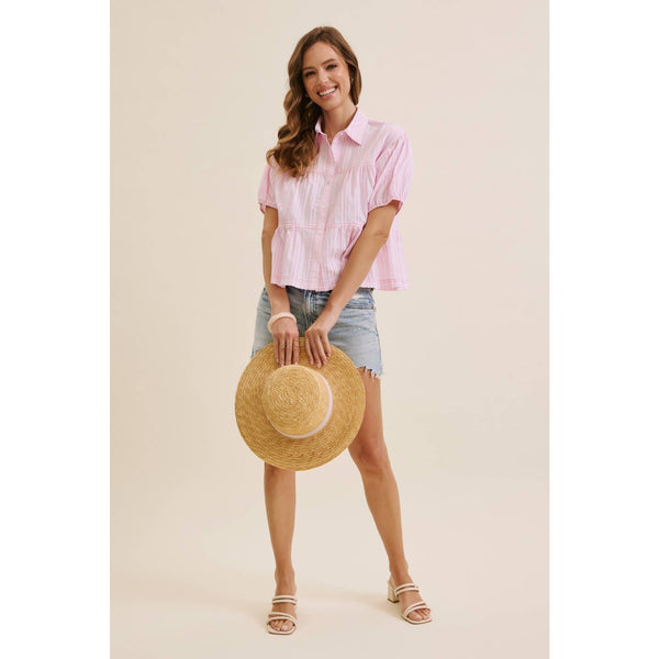 TEXTURED STRIPE OVERSIZED SHIRT WITH CONTRAST STITCHING: PINK / S - Lulu Bella Boutique