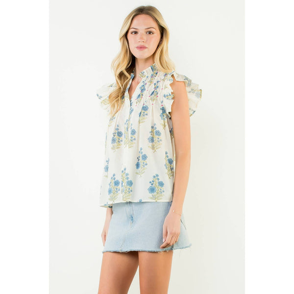 Flutter Sleeve Floral Pattern Top: CREAM / XS-S-M-L(1-2-2-1) - Lulu Bella Boutique