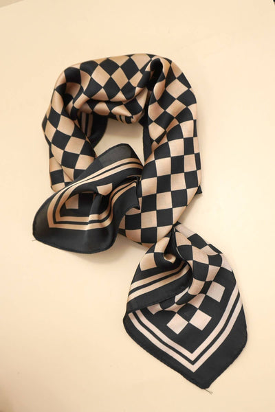 LARGE CHECKER PRINT SILKY FEEL BANDANA SCARF: Brown