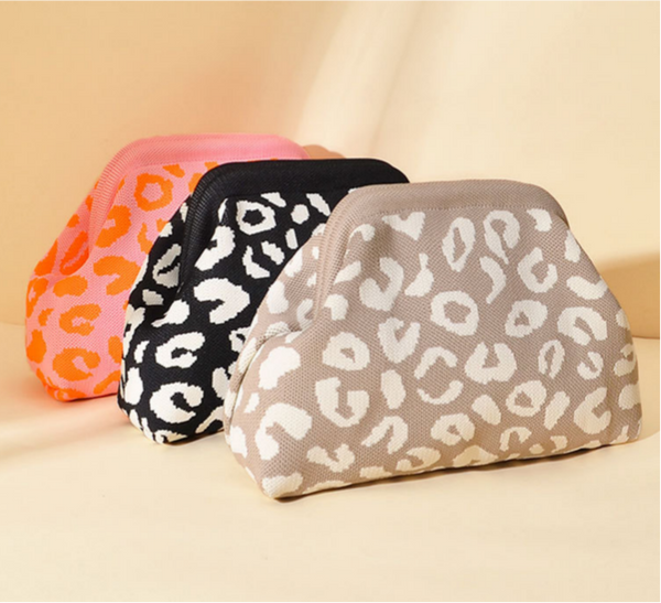 Leopard Print Knit Cosmetic Bag Knit Clutch: Black / M - Lulu Bella Boutique