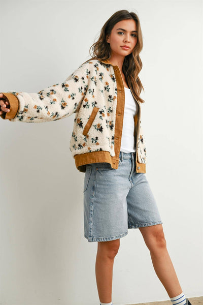 Floral Sherpa Fleece Snap Jacket with Twill Trim: CREAM / CAMEL