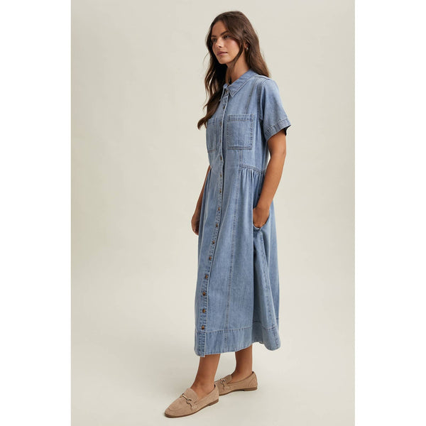DENIM BUTTON-FRONT SHIRT DRESS/ WL25-12368: M.DENIM / S - Lulu Bella Boutique
