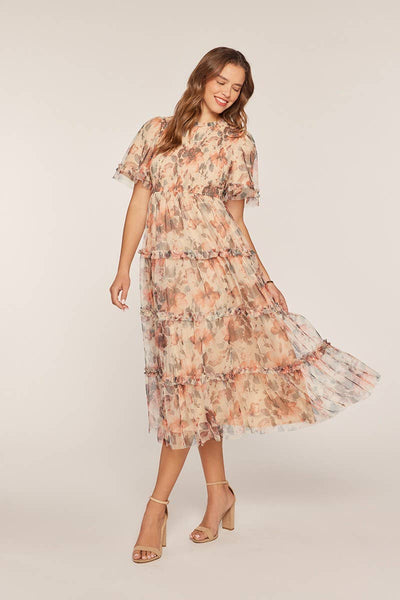 Floral Mesh Tiered Midi Dress: Ivory/Red/Charcoal