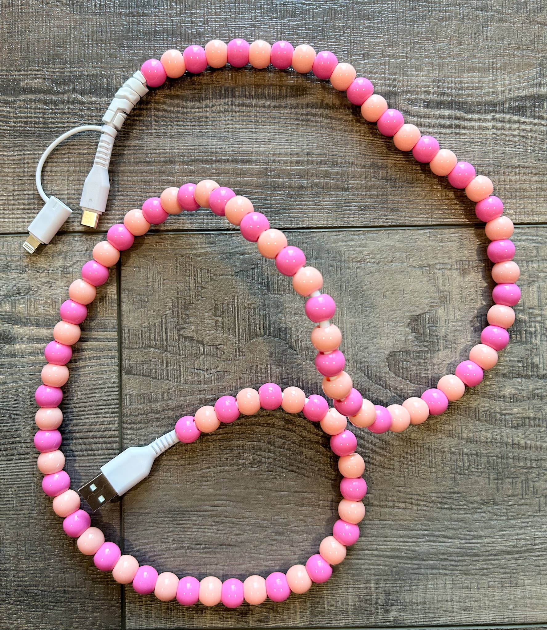 Beaded Phone Charger with Lightning & USB-C Cable: Pink and Coral - Lulu Bella Boutique