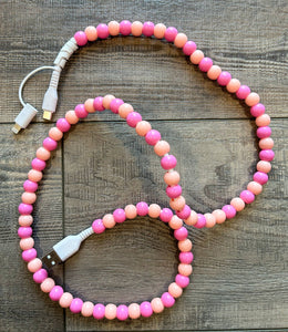 Beaded Phone Charger with Lightning & USB-C Cable: Pink and Coral - Lulu Bella Boutique