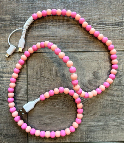 Beaded Phone Charger with Lightning & USB-C Cable: Pink and Coral - Lulu Bella Boutique