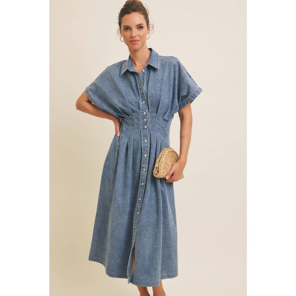STRETCHY DENIM MIDI DRESS WITH MINERAL-WASHED: WASHED DENIM / L - Lulu Bella Boutique