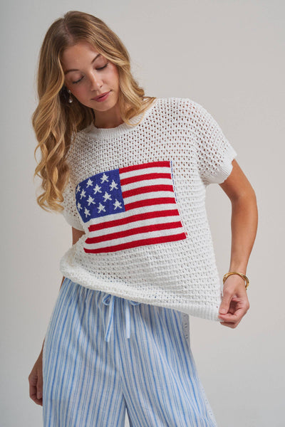 AMERICAN FLAG 4TH OF JULY LOW GAUGE SWEATER TOP: OFF WHITE / S-M-L(2-2-2) - Lulu Bella Boutique