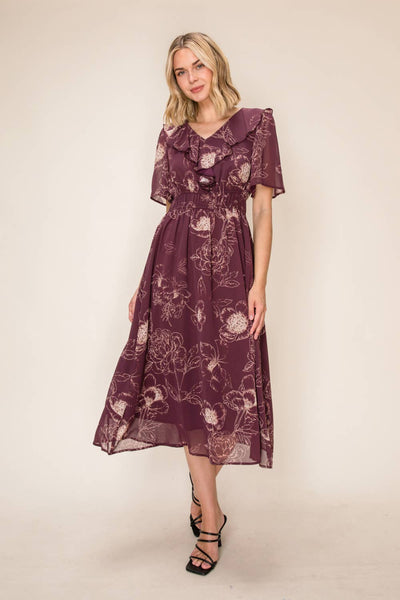 Ruffled V-Neck Midi Dress: Burgundy