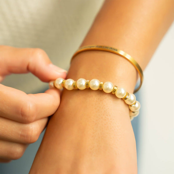 18K Gold PVD 8mm Kiska Glass Pearl Stretch Bracelet: Gold