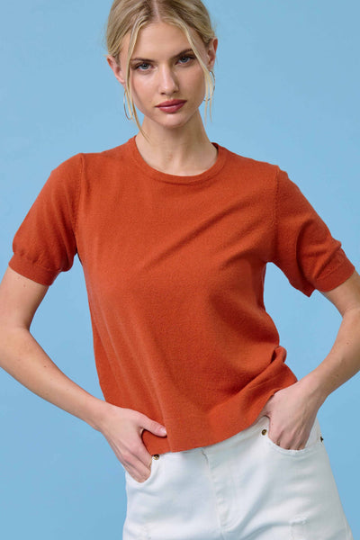 Soft Short Puffy Sleeve Basic Stretchy Knit Top: Pumpkin