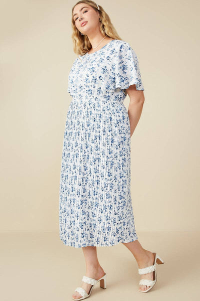 Womens Ditsy Floral Pleated Skirt Dress: Blue - Lulu Bella Boutique