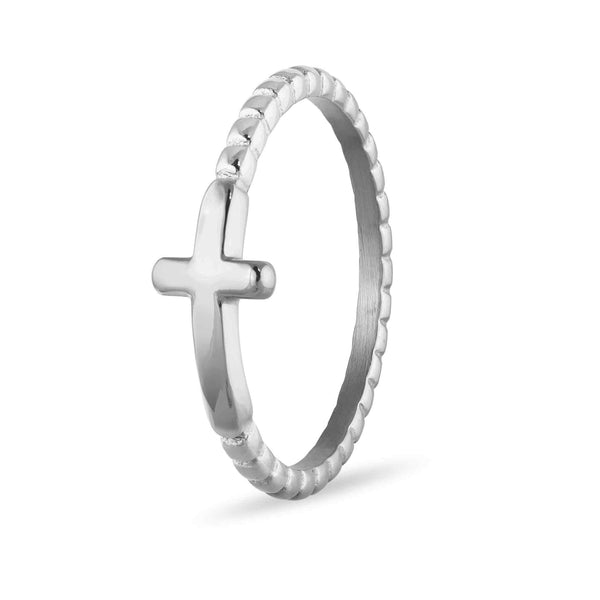 Stainless Steel Beaded Stackable Cross Ring: Gold / 9