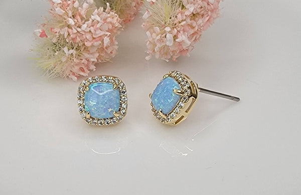 LAB GROWN OPAL STUD EARRINGS.: LIGHT BLUE OPAL/GOLD / Small - Lulu Bella Boutique