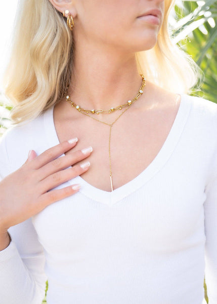 18K Gold PVD Steel Station Stone Paperclip Chain Necklace: Gold / 14+02" / 4mm - Lulu Bella Boutique