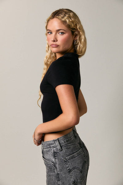 DOUBLE LINED SHORT SLEEVE BABY TEE: Black / XS - Lulu Bella Boutique