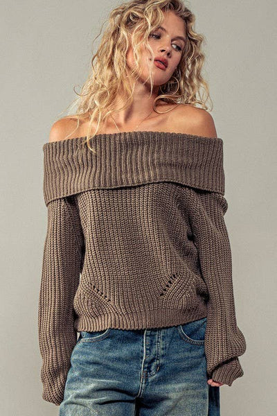 OFF SHOULDER FOLD DOWN COLLAR RIB KNIT SWEATER: OLIVE