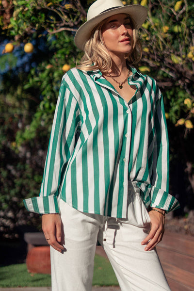 Oversized Stripe Button Down Collared Shirt: GREEN / S-2/M-2/L-2 - Lulu Bella Boutique