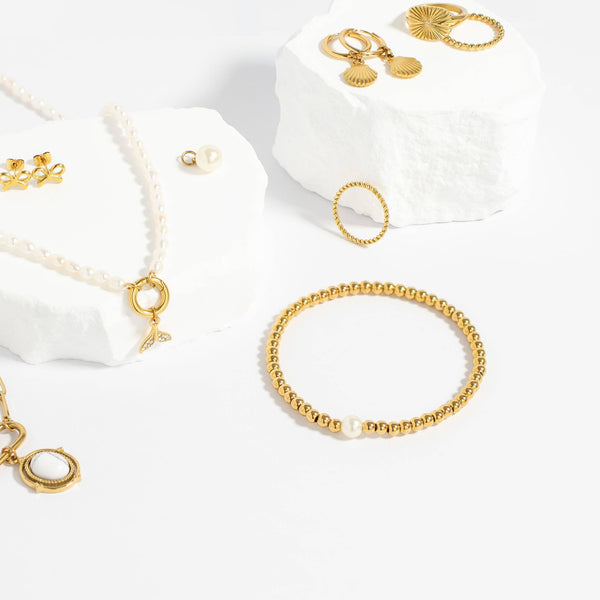 18K Gold PVD Stainless Steel Stretch Bracelet with Pearl: Gold
