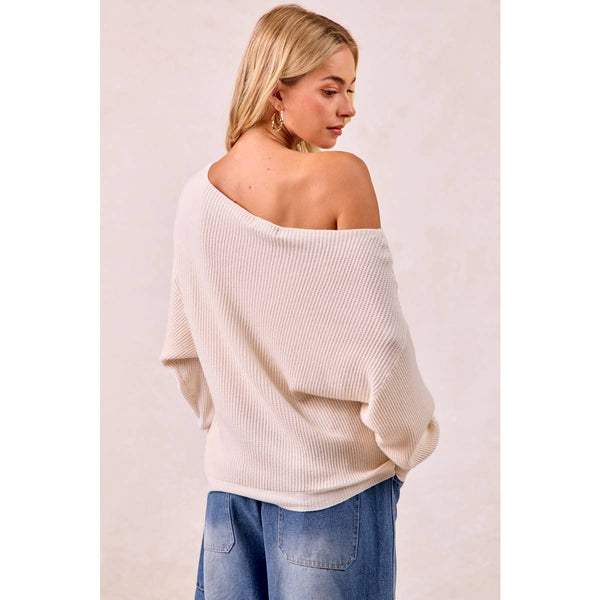 WAFFLE KNIT OFF SHOULDER TOP: IVORY / S - Lulu Bella Boutique