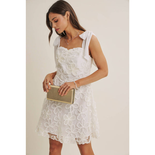 PARIS EVENING LACE FLORAL EMBROIDERY MINI WITH SHOULDER TIE: CREAM / S - Lulu Bella Boutique