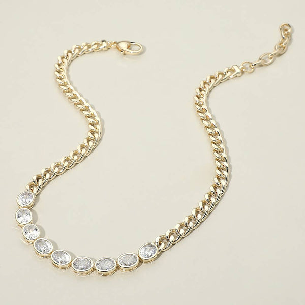 14K Gold Plated Round CZ Bezel Link Curb Chain Necklace - Lulu Bella Boutique