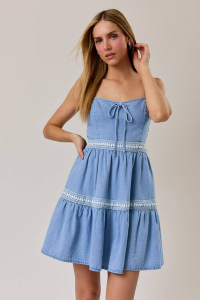 SLEEVELESS LACE INSERTED FIT & FLARE DENIM DRESS: DENIM / S - Lulu Bella Boutique