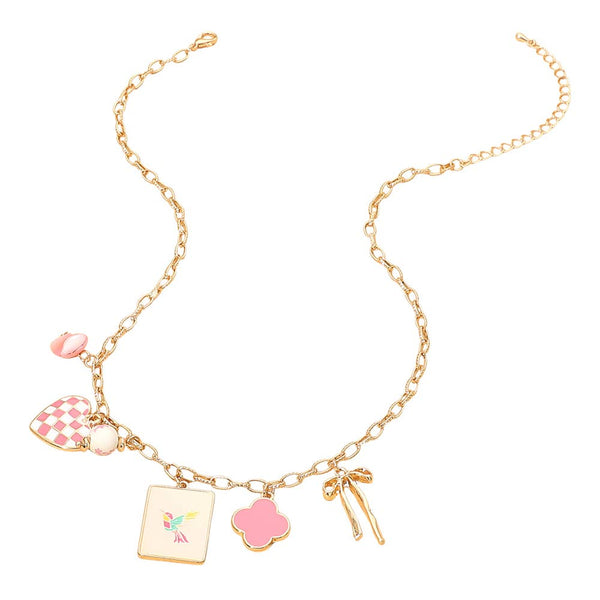 Mahjong Tile Quatrefoil Bow Checkered Heart Charm Station Necklace