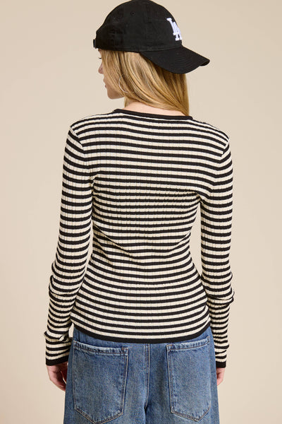 Ribbed Knit Striped Long Sleeve Top: Black