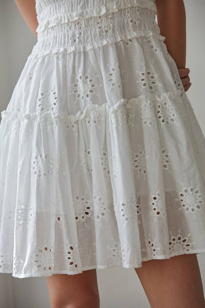 L9316 | Woven Cotton Eyelet Smocked Sleeveless Mini Dress: White / 3S-2M-1L - Lulu Bella Boutique