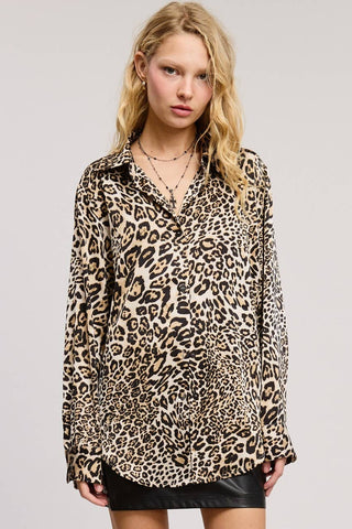 Silky Satin Button Down Blouse: Leopard