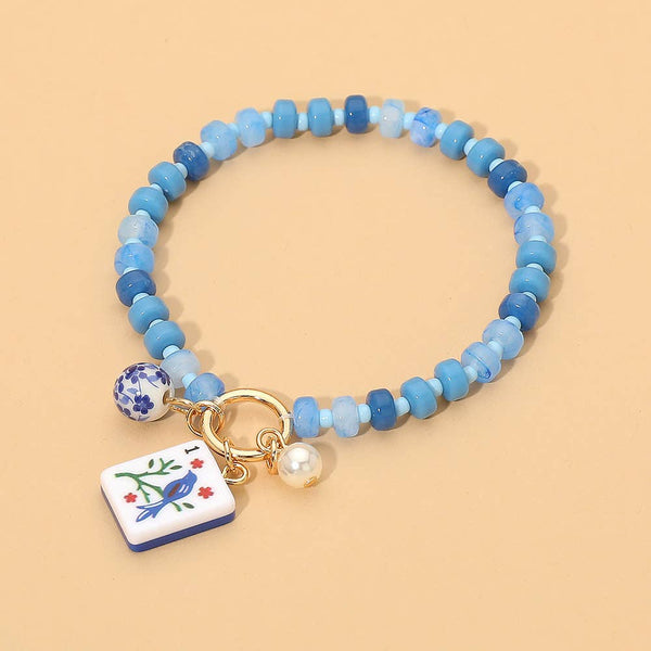 Mahjong Tile Charm Pearl Floral Bead Ball Accent Beaded Stretch Bracelet: Gold,Orange - Lulu Bella Boutique