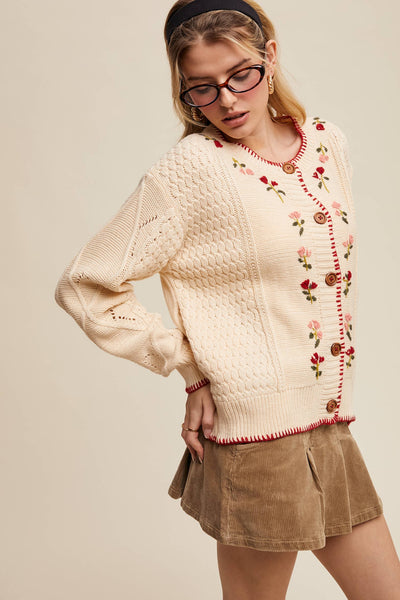 Floral Embroidered Button-Up Cardigan: Ecru