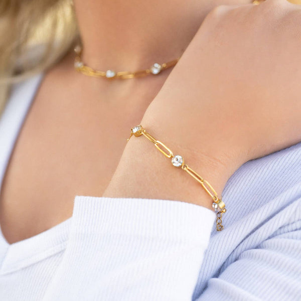 18K Gold PVD Station Stone Stone Paperclip Chain Bracelet: Gold - Lulu Bella Boutique