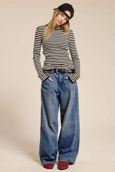 Ribbed Knit Striped Long Sleeve Top: Black