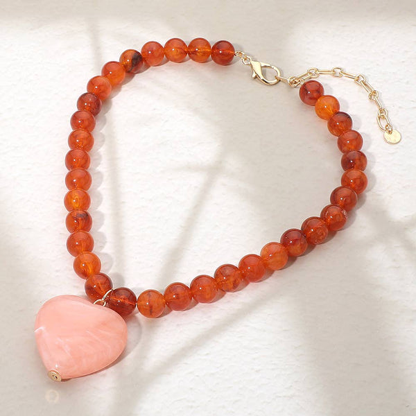 Chunky Marbled Resin Heart Charm Beaded Necklace: Ivory,Pink
