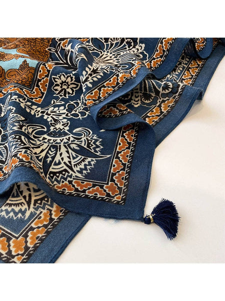 Retro Floral Print Tassel Square Scarf: Navy