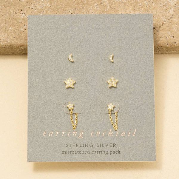 Sterling Silver Cz Stars And Moon Stud Earrings Set: RZ - Lulu Bella Boutique