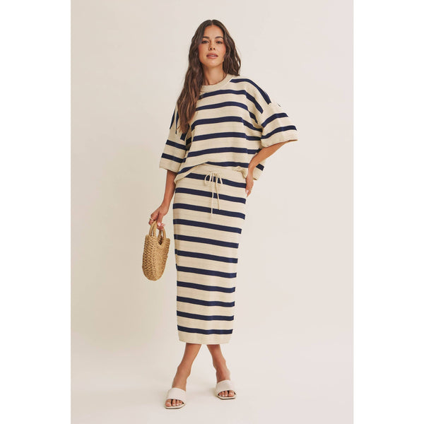WEEKEND IN CANNES SOFT DRAPE COTTON STRIPE SET: NATURAL/NAVY