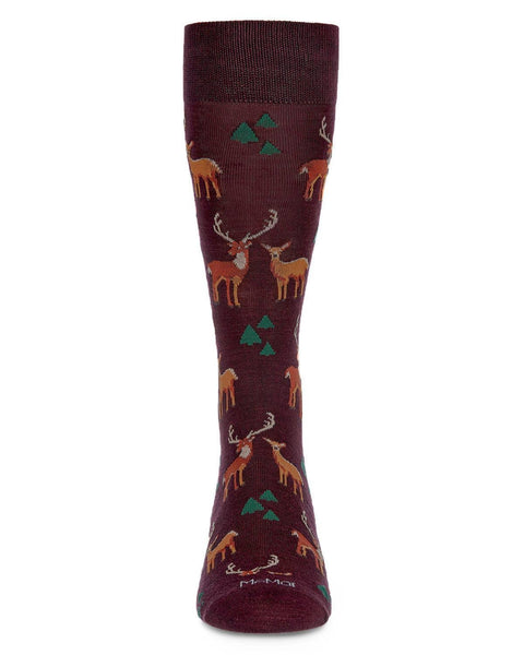 MeMoi Oh Deer Bamboo Blend Men's Crew Socks: Burgundy / 10 13