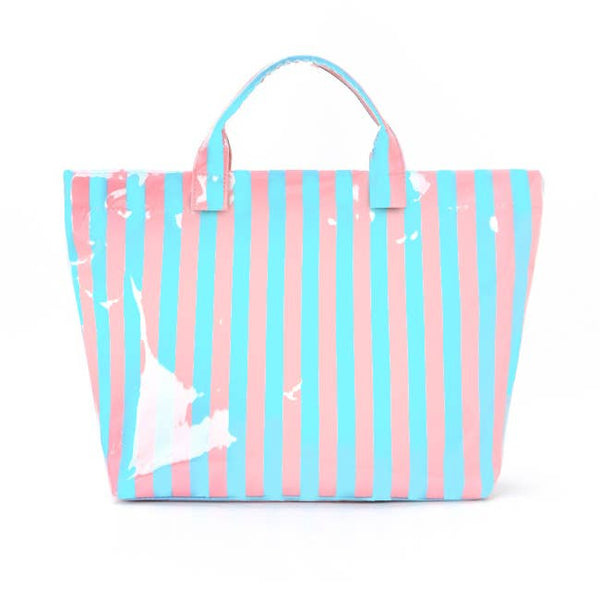 Large Striped Vinyl Tote Bags | 40P595: PINK GREEN - Lulu Bella Boutique