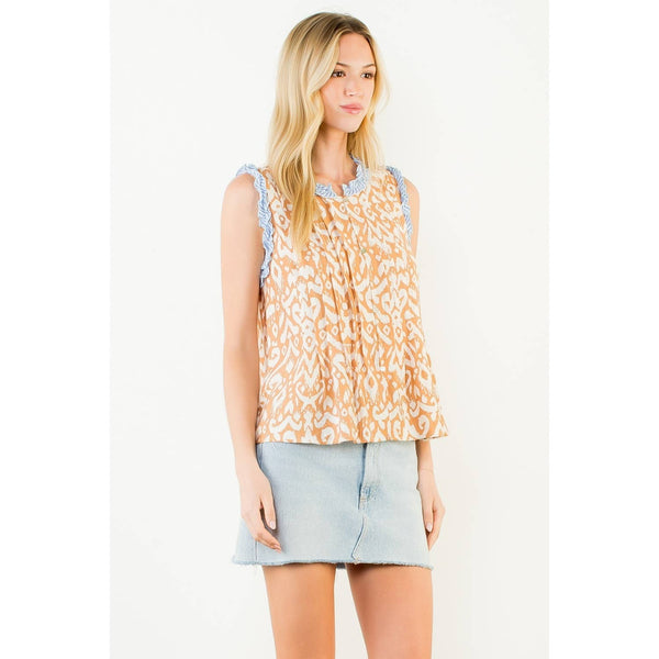 Sleeveless Abstract Pattern Top: BEIGE / XS-S-M-L(1-2-2-1) - Lulu Bella Boutique