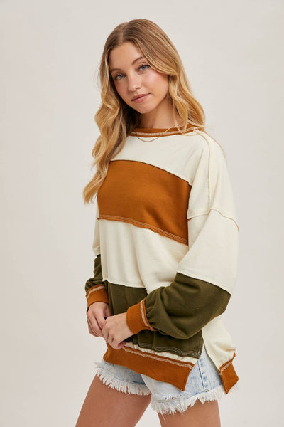 COLOR BLOCK KNIT SWEATSHIRT PULLOVER: CAMEL/OLIVE / L