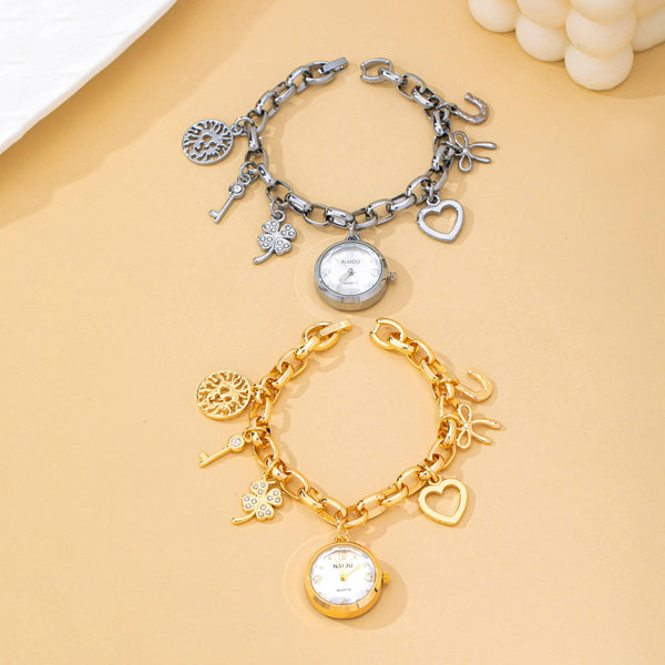 ROUND DIAL CHARM CLOVER HEART BRACELET WATCH | 80W016: Gold White - Lulu Bella Boutique