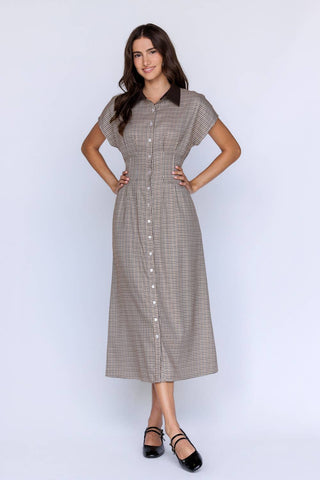 JD9208 - HOUNDSTOOTH COLLARED BUTTON DOWN MIDI DRESS: BROWN/IVORY / S - Lulu Bella Boutique