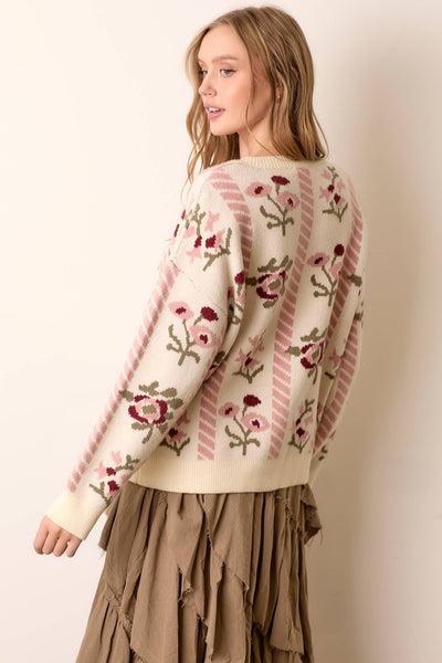 FLORAL INTARSIA SWEATER CARDIGAN: CREAM / L